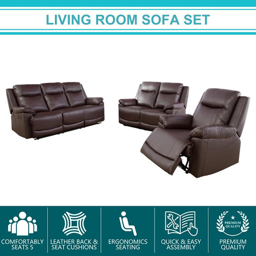 3 Piece Brown Recliner Sofa Living Room Set