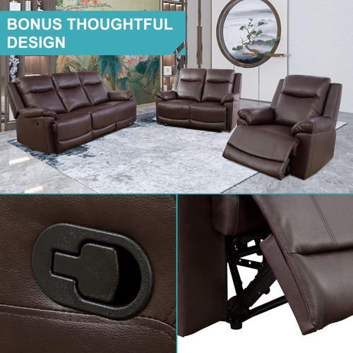 3 Piece Brown Recliner Sofa Living Room Set