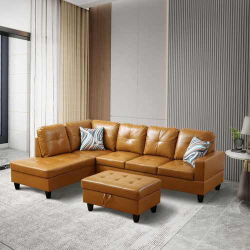 Sectional Sofa Faux Leather Modern L Shaped Couch Set in Turmeric Color F09517