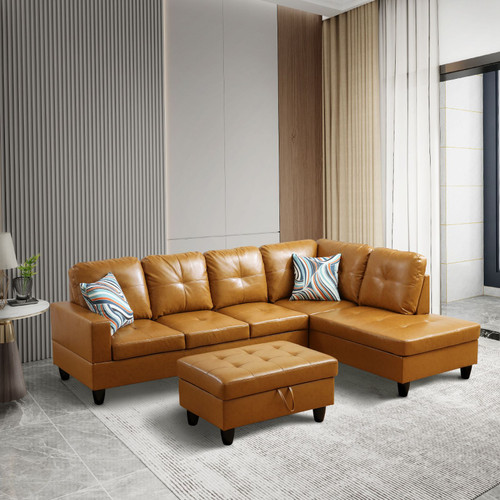 Sectional Sofa Faux Leather Modern L Shaped Couch Set in Turmeric Color F09517