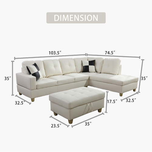 L-Shape Sofa Faux Leather Couch with Chaise in White