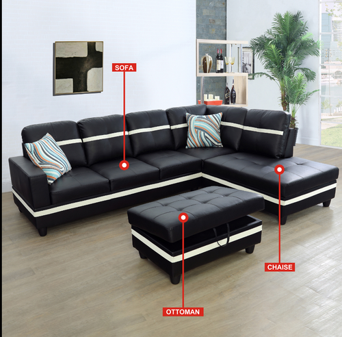 RAF L Shaped Leather Sectional Sofa Set in Black F09511B