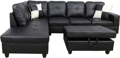 L-Shape Couch with Storage Ottoman in Black