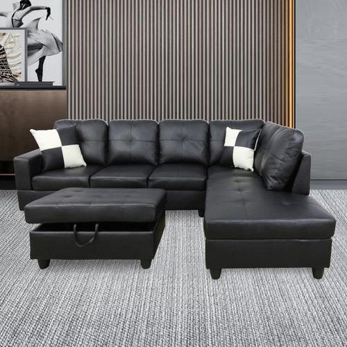 L-Shape Couch with Storage Ottoman in Black