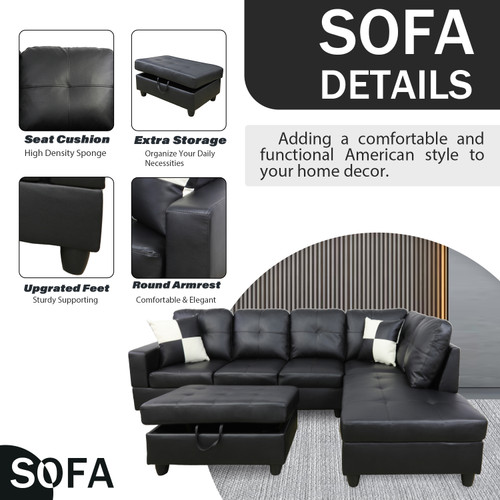 L-Shape Couch with Storage Ottoman in Black