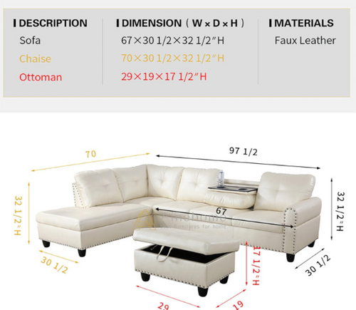 LAF L Shape Couch with Ottoman in White F09914