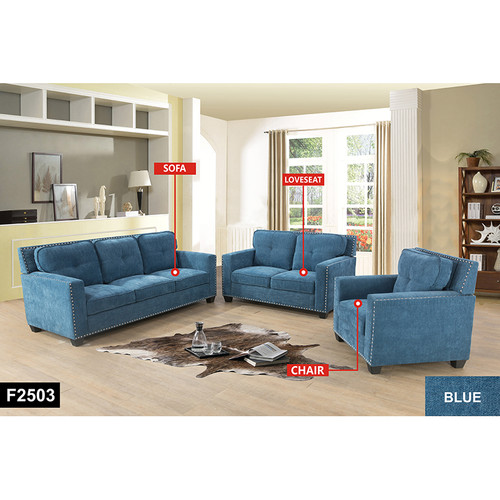 3 Piece Living Room Sofa Couch Set in Blue