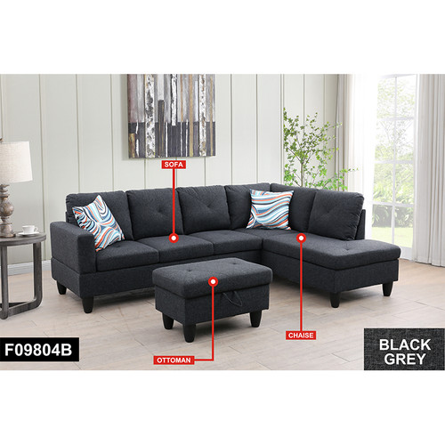 L Shaped Flannel Sectional in Black