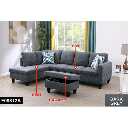 L Shaped 3-Piece Sectional in Dark Gray