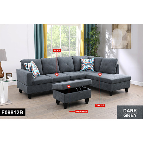 L Shaped 3-Piece Sectional in Dark Gray