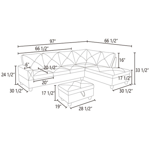 L Shaped Faux Leather 3-Piece Sectional