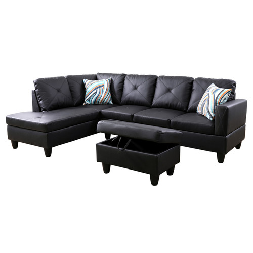 L Shaped Faux Leather 3-Piece Sectional in Black