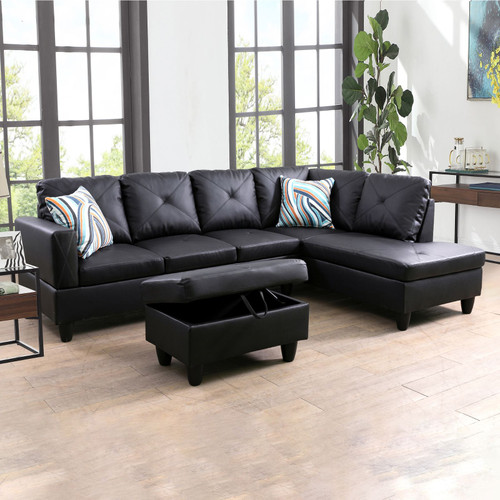 L Shaped Faux Leather 3-Piece Sectional in Black