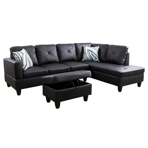 L Shaped Faux Leather 3-Piece Sectional in Black