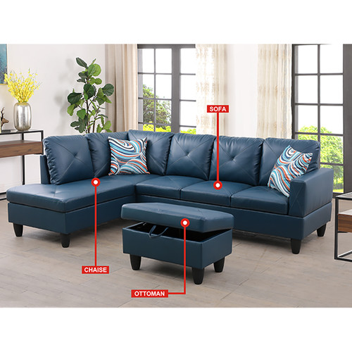 L Shaped Faux Leather Sectional in Denim