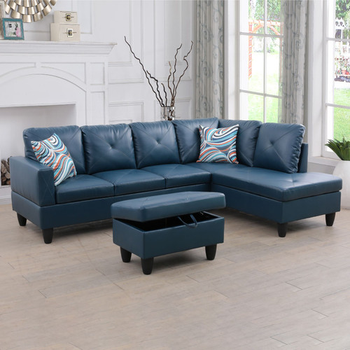 L Shaped Faux Leather Sectional in Denim