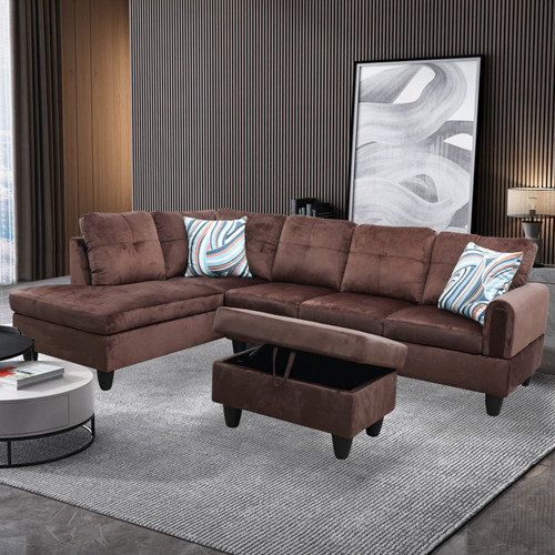 L Shaped Flannel  Sectional in Chocolate