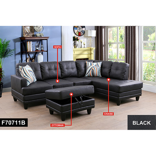 L Shaped Black Sectional in Faux Leather