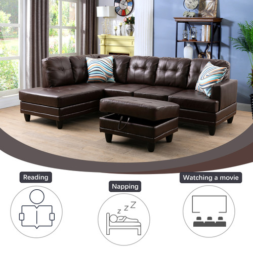 L Shaped Brown Sectional in Faux Leather