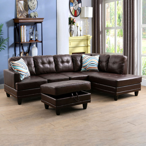 L Shaped Brown Sectional in Faux Leather