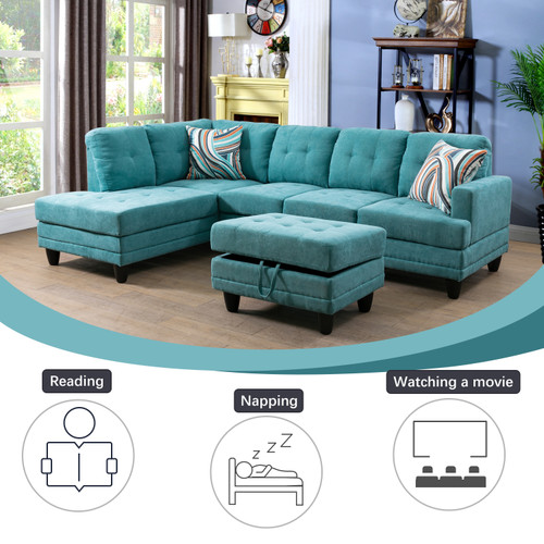 L Shaped Green Sectional in Flannel