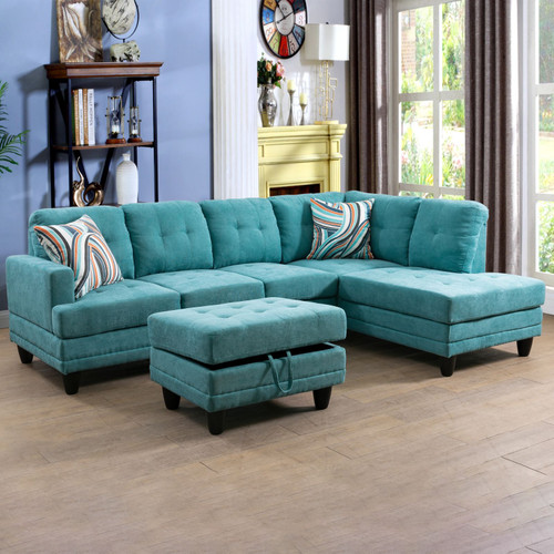 L Shaped Green Sectional in Flannel