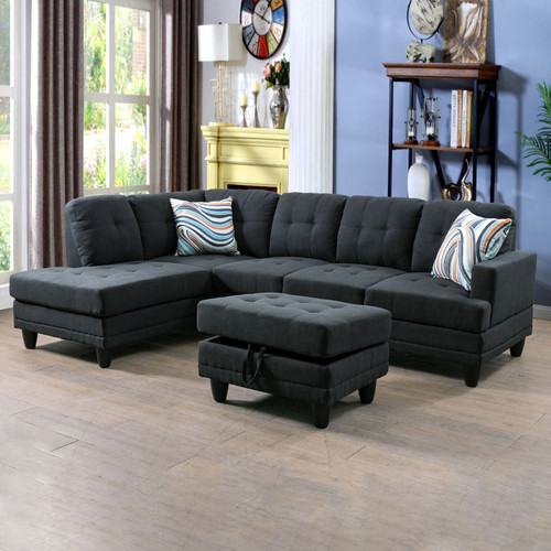 L Shaped Black Sectional in Flannel