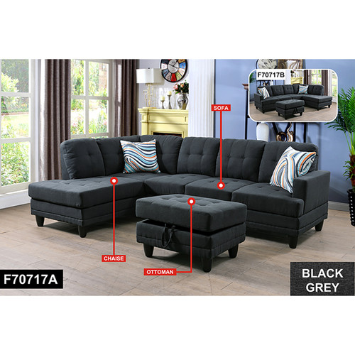 L Shaped Black Sectional in Flannel