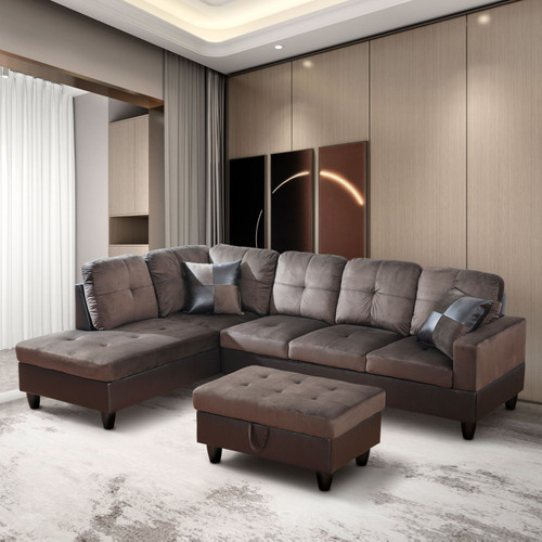 L Shaped Dark Brown Sectional in Flannel