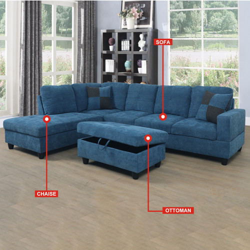 L Shaped Blue Sectional in Flannel