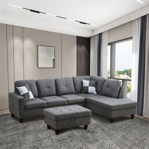 L Shaped Black Gray Sectional in Linen