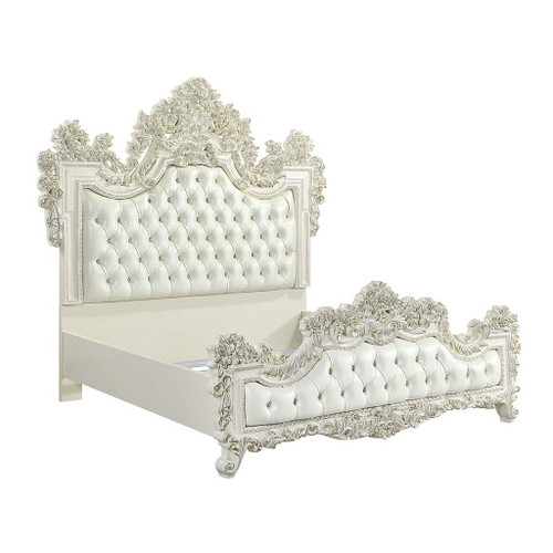 Adara - Eastern King Bed - Pearl White Synthetic Leather & Antique White Adara - Eastern King Bed - Pearl White Synthetic Leather & Antique White