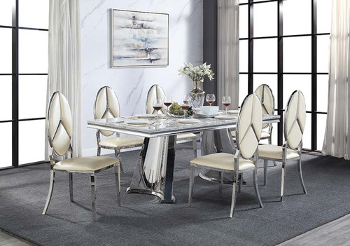 Destry - Dining Table With Engineering Stone Top & Pedestal Base - Engineering Stone Top & Mirrored Silver