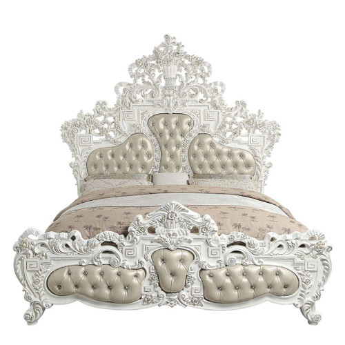 Vanaheim - Eastern King Bed - Beige Synthetic Leather & Antique White