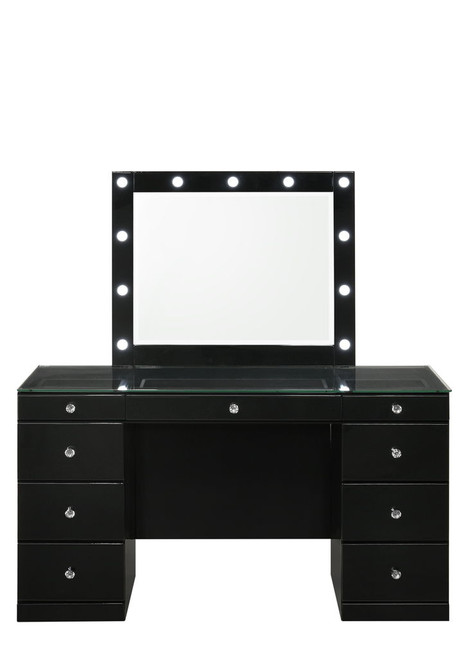 Avery - Vanity Desk With Glass Top And Led Mirror - Black