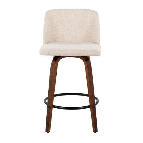 Toriano - Fixed - Height Counter Stool - Walnut Wood With Round Black Footrest And Cream Noise Fabric (Set of 2)