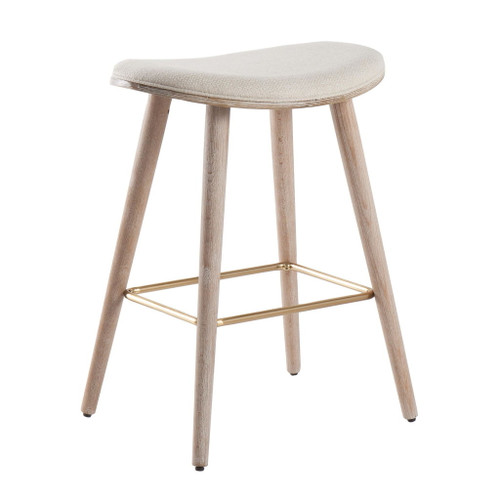 Saddle - 26" Counter Stool - White Washed Wood And Cream Fabric With Gold Metal (Set of 2)