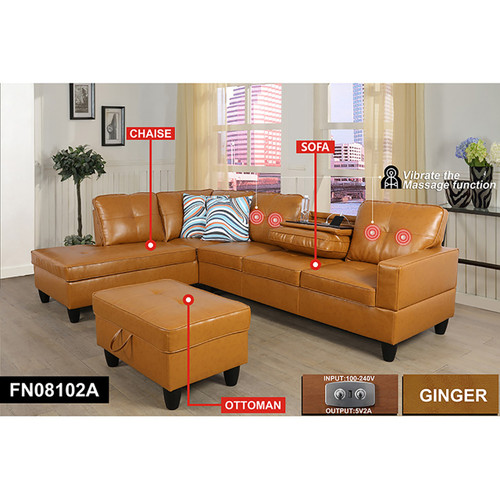 L Shaped Ginger Sectional in Synthetic Leather