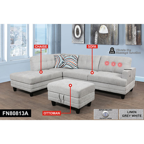 L Shaped Gray Massage Function Sectional