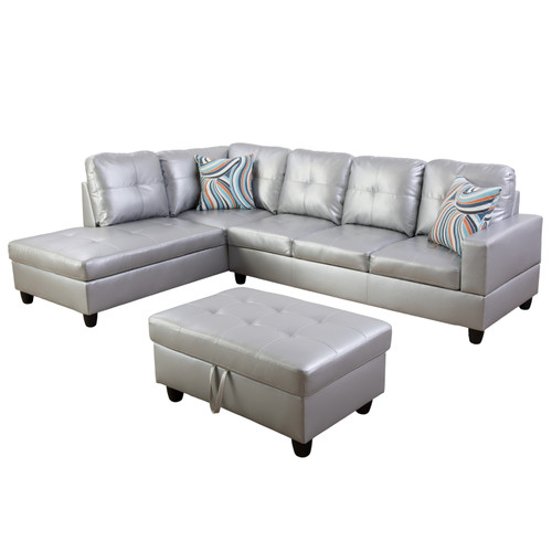 L Shaped Silver Sectional in Synthetic Leather