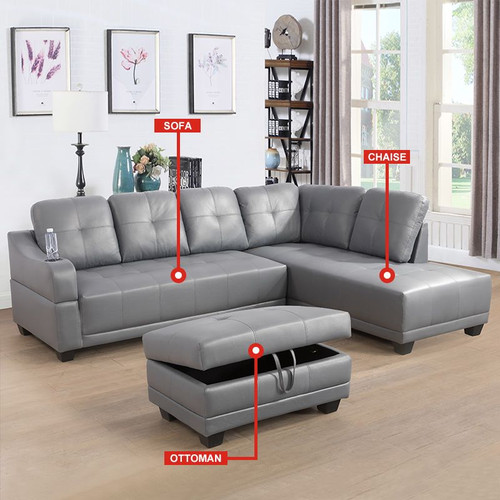 L Shaped Synthetic Leather Sectional in Gray