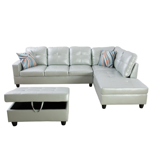 L Shaped Synthetic Leather Sectional in Silver