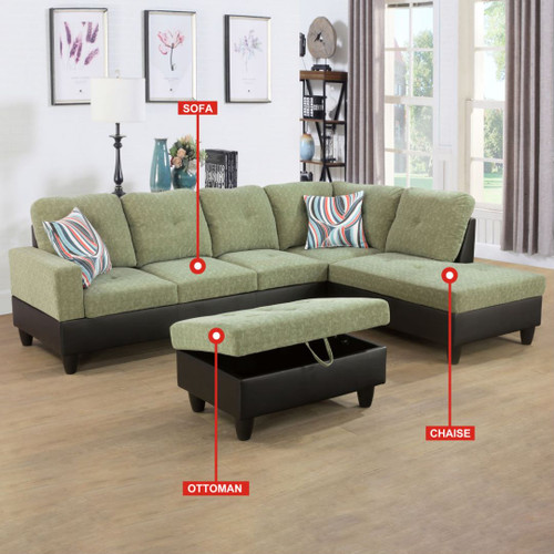 L Shaped Flannel Sectional in Pickle