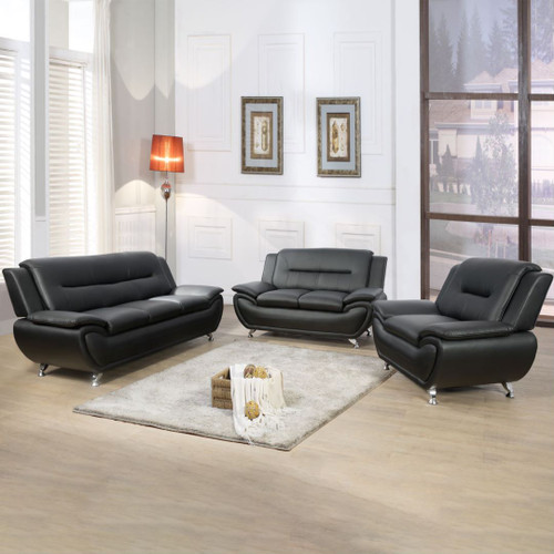 3 Piece Black Living Room Set in Faux Leather