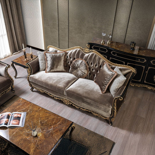 Betria - Sofa With 5 Pillows - Light Green Velvet, Gold & Black High Gloss