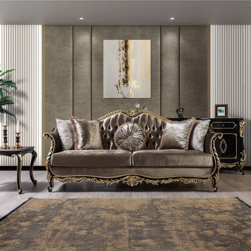 Betria - Sofa With 5 Pillows - Light Green Velvet, Gold & Black High Gloss Betria - Sofa With 5 Pillows - Light Green Velvet, Gold & Black High Gloss