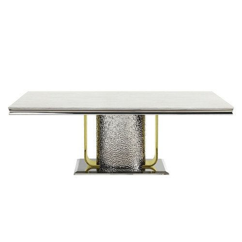 Fadri - Dining Table With Engineering Stone Top & Pedestal Base - Mirrored Silver & Gold