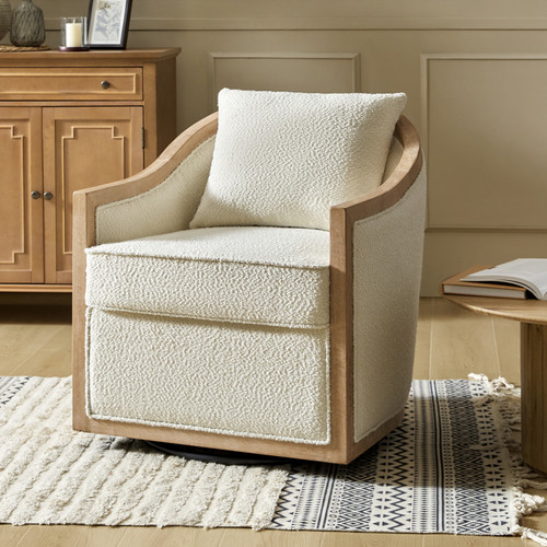 Oscar Jess Farmhouse Solid Wood Edging Swivel Barrel Chair with Toss Pillows-Ivory by Karat Home