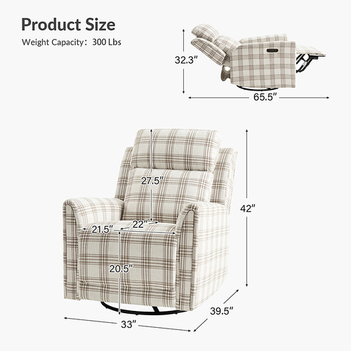 Arnold Transitional Swivel and Rocker Power Recliner with Adjustable Headrest and Built-in USB Port