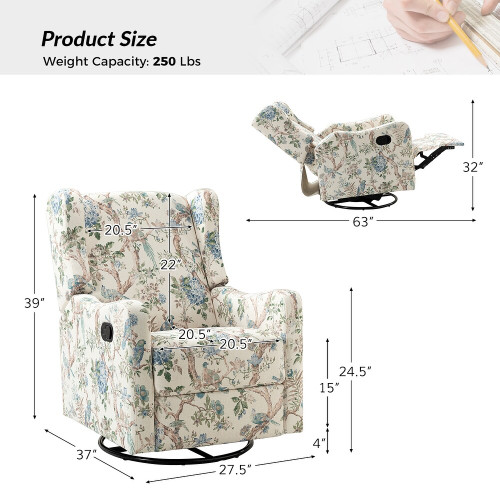 Gastone Transitional Floral Fabric Nursery Recliner with Curved Arms